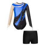 Zdhoor enfant fille justaucorps gymnastique manches longues avec short - bleu - brillant strass ensemble ...