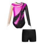 Zdhoor enfant fille justaucorps gymnastique manches longues avec short - rose - brillant strass ensemble ...