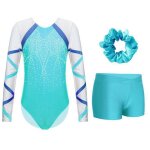Zdhoor ensemble justaucorps gymnastique fille enfant - avec chouchou - bleu vert - short danse - strass ...