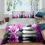 Zen pierres fleurs reflets parure de lit 3 pieces 1 housse de couette 135x200cm et 2 taies doreillers ...