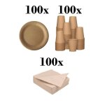 100 assiettes jetables 23cm + 100 gobelets en carton 240ml + 100 serviettes co 33x33cm