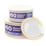120 assiettes en plastique r�utilisables blanches premium avec bord dor� (60 plates 60 dessert) - solide ...