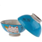 2 bols � soupe ou � ramen - bleu - motif chat maneki neko