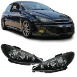 2 feux phare avant noir pour peugeot 206 phase 1 et phase 2