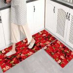 2 pi�ces tapis de cuisine rectangulaire - 40x60 cm et 40x120 cm motif fleur rouge - antid�rapant et lavable ...