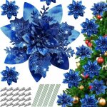 Fleurs artificielles - nol - poinsettia - 20 pcs - bleu - scintillantes - tiges et clips