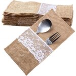 20pcs sac toile jute dentelle pochette couvert porte couvert fourchette jute vintage decoration table ...