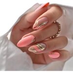 24 faux ongles courts collerrose pche forme damandetourbillon dor - motif  presserongles ovales brillantsma ...