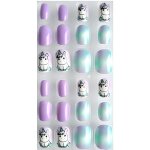 24 faux ongles enfants auto adhesifs - licorne - tons violet turquoise