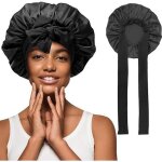 Bonnet de nuit en satin pour cheveux naturels - noir - taille de tte ajustable - 2pcs