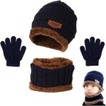 Ensemble de gants charpe pour enfants - 3 en 1 - hiver - chaud - tricot - bleu fonc