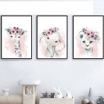 3 affiches animaux chambre bebe fille rose tableau 30x40 poster girafe elephant lion mural enfant deco ...