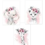 3 affiches animaux chambre bebe fille rose tableau poster girafe elephant lion mural enfant deco sans ...