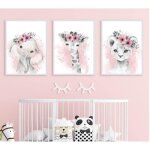3 affiches animaux chambre bebe fille rose tableau poster girafe elephant lion mural enfant deco sans ...