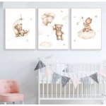 3 affiche decoration murale enfant 30x40cm toile chambre bebe poster beige ourson ballon nuage lune tableau ...