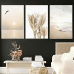 3 pi�ces mur art herbe coucher de soleil plage baltique peinture nordique affiche mur photos pour salon ...