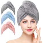3 serviettes de s�chage en microfibre super absorbantes avec boutons pour cheveux secs (gris rose bleu) ...