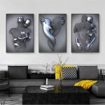 3 tableau portrait statue metal abstrait impression sur toile gris affiche amour couple romantique salon ...