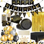 30 invit�s vaisselle jetable anniversaire or noir decoration anniversaire femme homme nappe rideau bruant ...