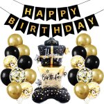 32 pi�ces decoration anniversaire noir et or ballon noir et dor� avec ballon noir et dor� confettis banderole ...
