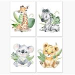 4 affiche safari enfant poster chambre bebe toile animaux jungle tropicale feuille verte mural tableau ...