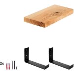 40cm Étagère en bois brut étagère murale bois cuisine x2 supports noirs frêne naturel 40cm Étagère en bois brut étagère murale bois cuisine x2 supports noirs frêne naturel