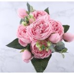 Fleurs artificielles - ecelen - pivoine - 5 grandes ttes - 4 bourgeons - soie rose