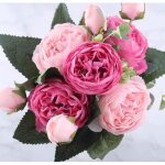 Fleurs artificielles - ecelen - pivoine - soie - rose - 5 big head + 4 bud
