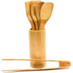5 ustensiles de cuisine en bambou avec support de rangement (1 cuillre 2 spatules 1 cumoire et 1 pince) ...