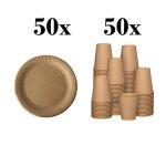 50 assiettes en carton 23cm + 50 gobelets en carton 240ml - vaisselle jetable - assiettes de f�te / anniversai ...