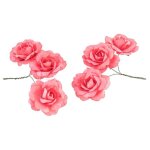 6 roses papier sur tige m�tal 4. 5cm rose