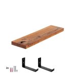 70cm Étagère en bois brut étagère murale bois cuisine x2 supports noirs frêne foncé 70cm Étagère en bois brut étagère murale bois cuisine x2 supports noirs frêne foncé