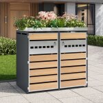 Abri cache poubelles double verrouillable avec jardini�re int�gr�e en acier galvanis� gris et d�cor bois ...
