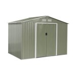 Abri de jardin en m�tal - ferrain 5. 29m� vert et blanc - cabane � outils avec deux grandes portes coulissante ...