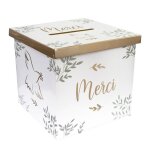 Accessoire de mariage / urne imprimé merci avec colombe dorée / dimensions : 20 x 20 x 20 cm Accessoire de mariage / urne imprimé merci avec colombe dorée / dimensions : 20 x 20 x 20 cm