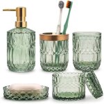 Accessoires de salle de bain en verre - zrse - lot de 5 pi�ces - vert - style vintage - distributeur ...