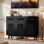 Adwolt buffet bahut 3 portes 3 tiroirs bois & bambou tress� noir 108x40x80 cm