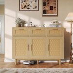 Adwolt buffet bahut 3 portes 3 tiroirs bois ch�ne tressage bambou 108x40x80 cm