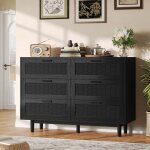 Adwolt commode 6 tiroirs bois massif et tressage en bambou pieds stables anti - bascule 115x40x80cm noir ...