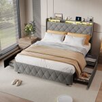 Adwolt lit adulte 140�200 cm led port usb et type - c 4 tiroir tissu en flanelle cadre de lit 140�200 ...