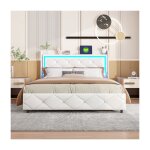 Adwolt lit coffre 160x200 cm - lit double capitonn� pu blanc avec led ports usb sommier � lattes rangement ...