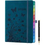 Agenda semainier a5 2026 - zuuko - motif floral - bleu paon - onglets mensuels color�s - boucle pour ...