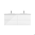 Aica meuble salle de bain 120cm blanc brillant avec 4 tiroirs � fermeture automatique et double lavabo ...