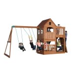 Aire de jeux en bois backyard discovery hill crest avec balanoire, toboggan, bac de sable et mur d'escalade ...