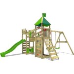 Aire de jeux en bois fatmoose riverrun avec balanoire et toboggan vert pomme