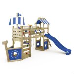 Aire de jeux bois wickey stormflyer style bateau avec toboggan 220 cm bleu et mur d?escalade ? 10 ans ...