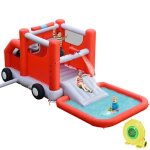 Aire de jeux gonflable pour enfant avec gonfleur 480w - style camion de pompiers avec toboggan pistolets ...