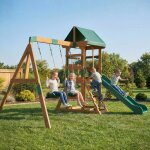 Aire de jeux portique en bois avec 2 balan�oires et toboggan mur descalade et terrasse couverte pour ...