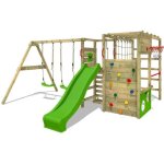 Aire de jeux portique bois actionarena fatmoose avec balanoire et toboggan vert pomme