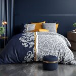 Alpes blanc - housse de couette arabesque 220x240 cm + 2 taies 100% coton 57 fils - ornements bleu marine ...